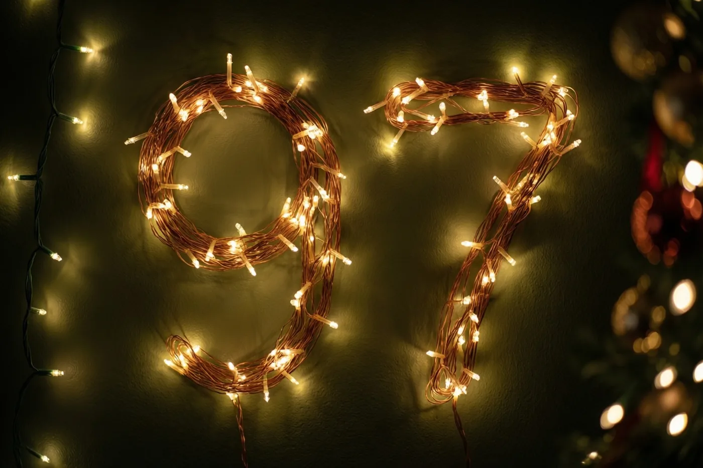Warme lichtjes vormen het getal 97 tegen een donkere muur, met onscherpe lichtpunten op de achtergrond.