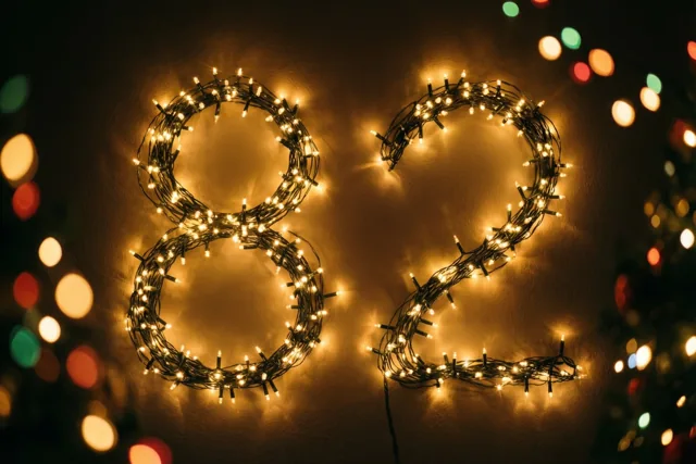 Warme lichtjes vormen het getal 82 tegen een donkere muur, met onscherpe feestlichtjes op de achtergrond.