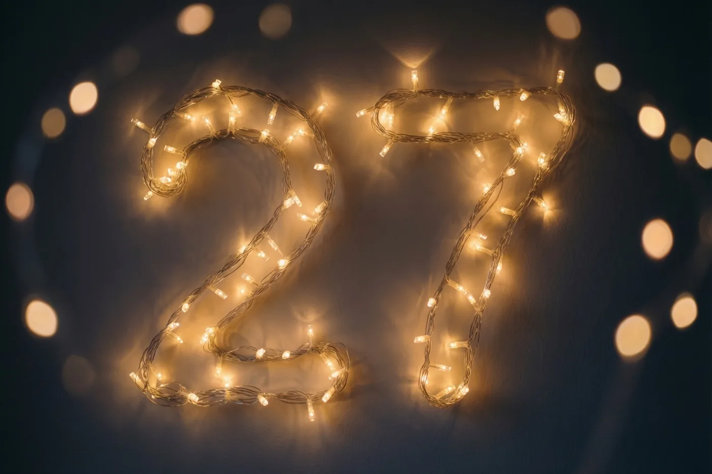 Het getal 27 is gevormd met warme lichtslingers tegen een donkere muur met zachte onscherpe lichtjes op de achtergrond.