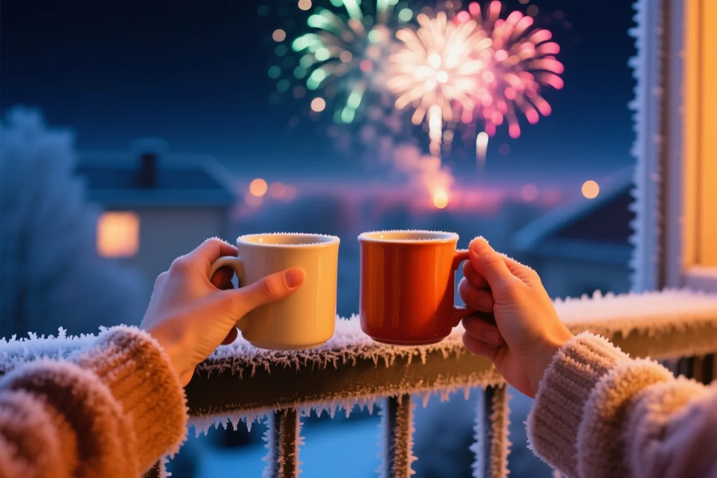 Twee handen houden warme mokken bij een met rijp bedekte balkonleuning, met kleurrijk vuurwerk aan de nachtelijke hemel op de achtergrond.