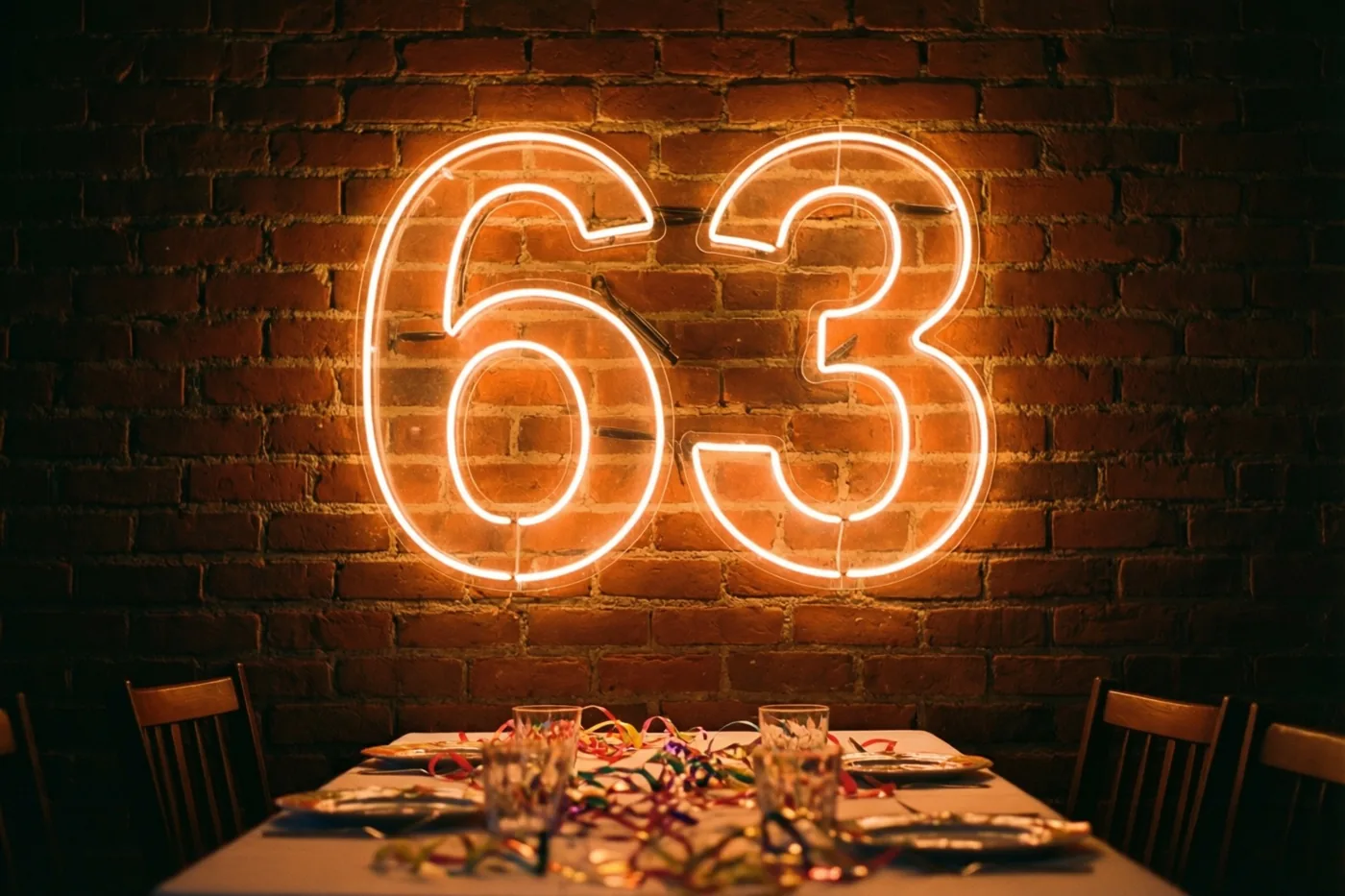 Een warm neongetal 63 gloeit tegen een bakstenen muur boven een feesttafel met kleurrijke serpentines in een schemerige kamer.