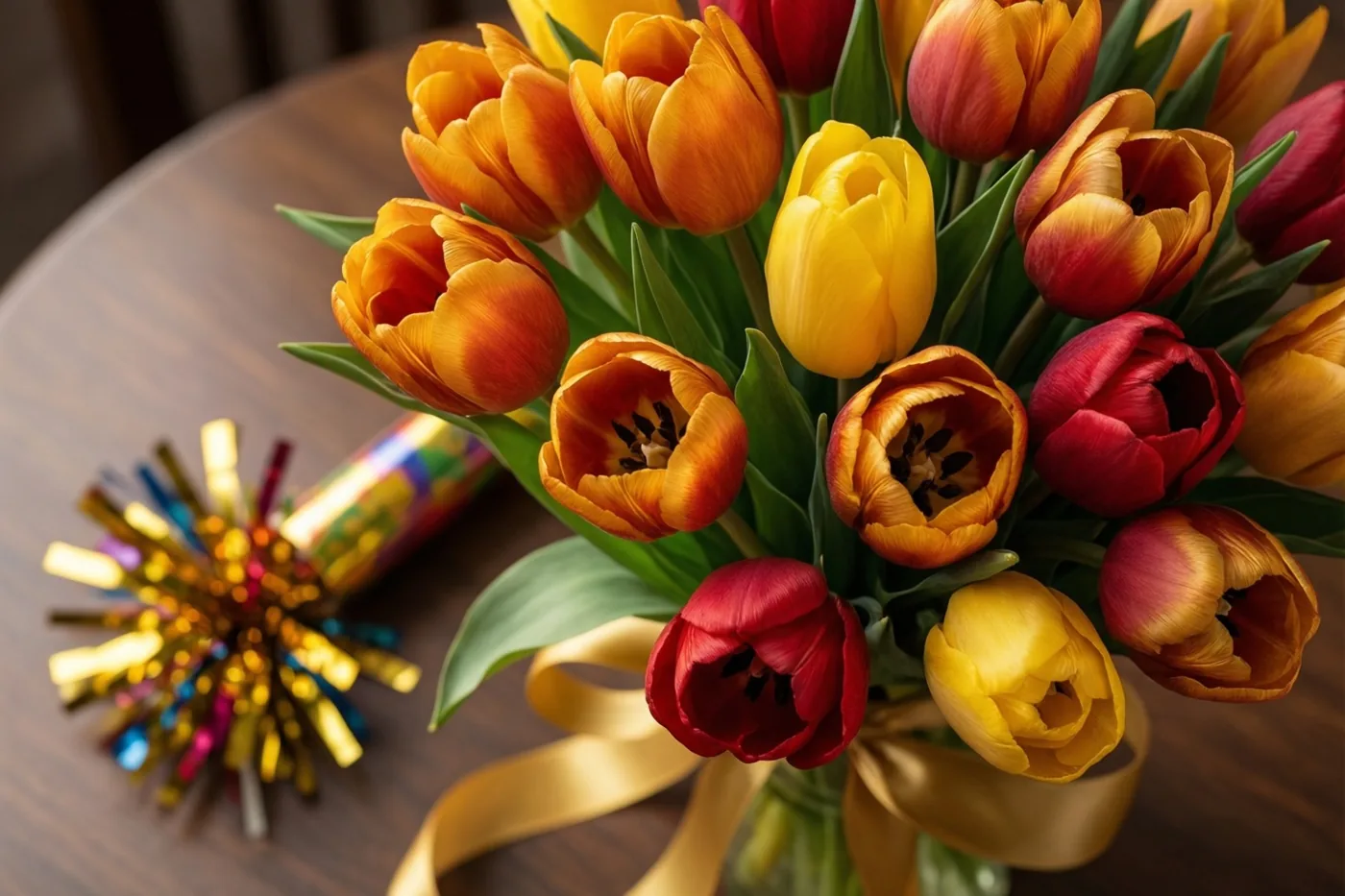 Een boeket rode, oranje en gele tulpen met een gouden lint ligt op een houten tafel naast een afgeknalde feestknaller met kleurrijke glanzende slierten.