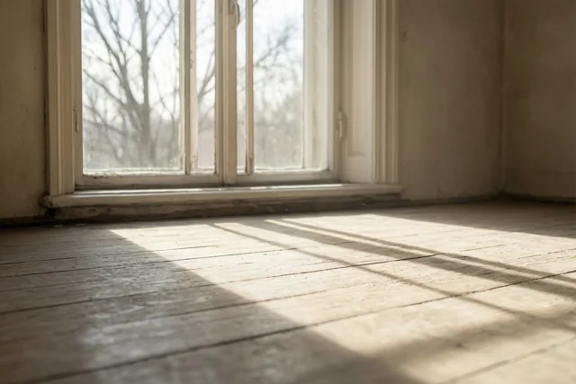Warm daglicht valt door een raam zonder gordijnen op de houten vloer van een lege kamer in beige, crème en lichtbruine tinten.