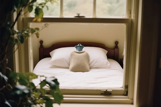 Door een raamkozijn is een warmwaterkruik met een beige gebreide hoes op een wit bed met kussens te zien, met groen gebladerte op de voorgrond.