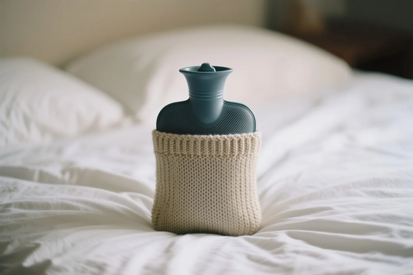 Een turquoise warmwaterkruik met een beige gebreide hoes staat op een wit bed met gekreukte lakens in zacht licht.
