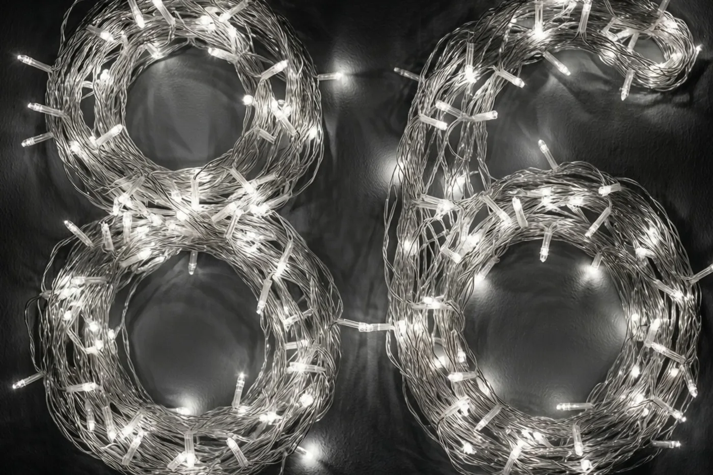 Lichtjes vormen 86 op een donkere muur, met warmwitte, onscherpe lichtvlekken op de achtergrond.