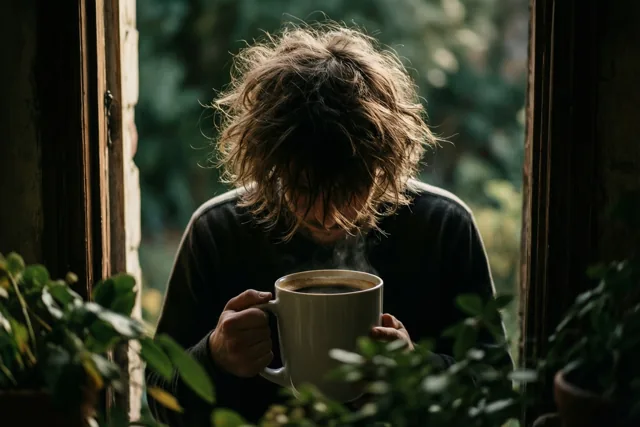 Een persoon met warrig haar houdt een grote witte mok dampende koffie vast bij een raam, van achteren gezien met groene planten op de voorgrond en een wazige natuurlijke achtergrond.