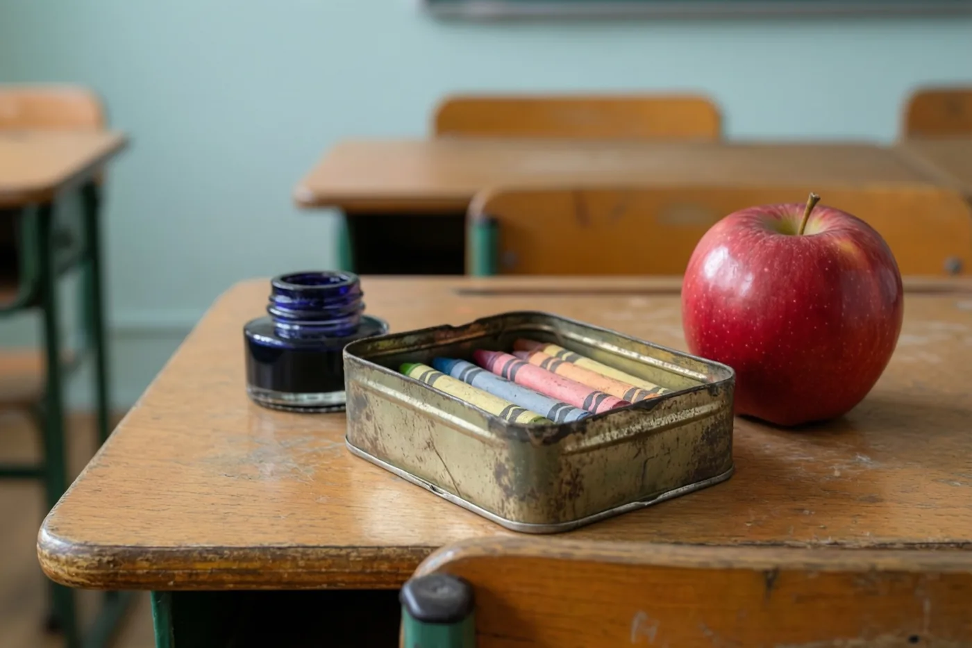 Op een oude houten schoolbank staan een gedeukt blik met oude waskrijtjes, een rode appel en een inktpot, met rijen schoolbanken en stoelen op de achtergrond.