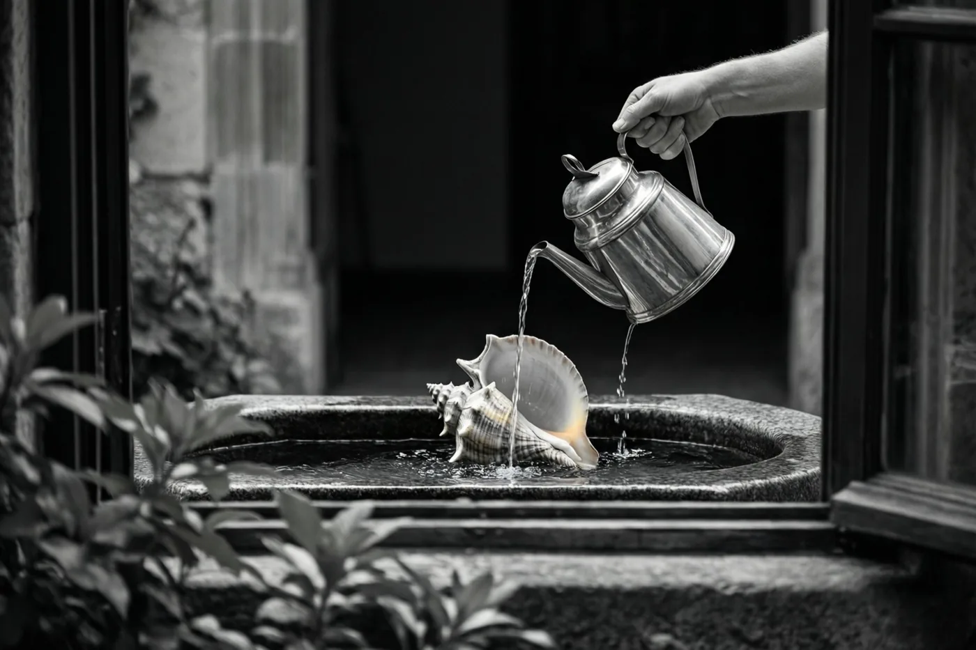 Een zwart-witbeeld toont door een raamkozijn een hand die water uit een zilveren kan in een grote schelp in een stenen bekken giet.