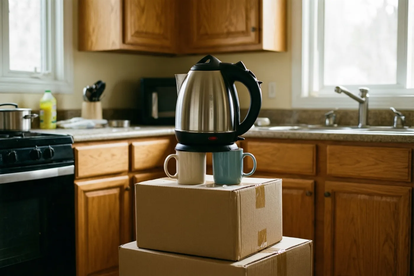 Een roestvrijstalen waterkoker en twee mokken staan op een stapel kartonnen verhuisdozen in een keuken met houten kasten en warme tinten.
