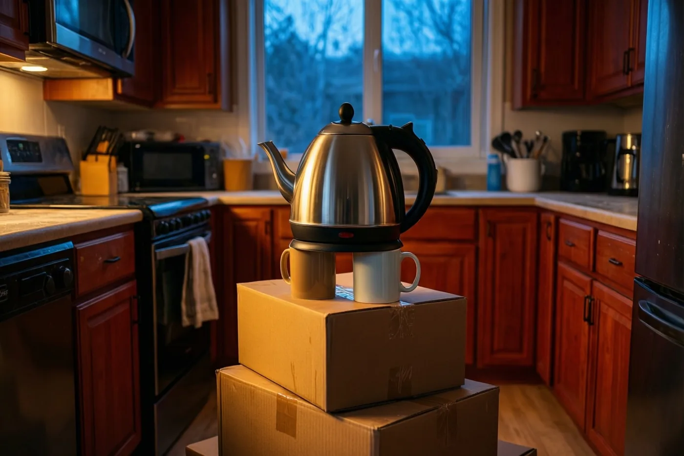 Een roestvrijstalen waterkoker en twee mokken staan op gestapelde verhuisdozen in een keuken met houten kasten, warm binnenlicht en blauw licht uit een raam.