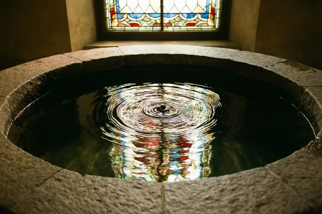 In het water van een stenen doopvont vormen zich concentrische kringen die een gekleurd glas-in-loodraam erboven weerspiegelen in warm binnenlicht.