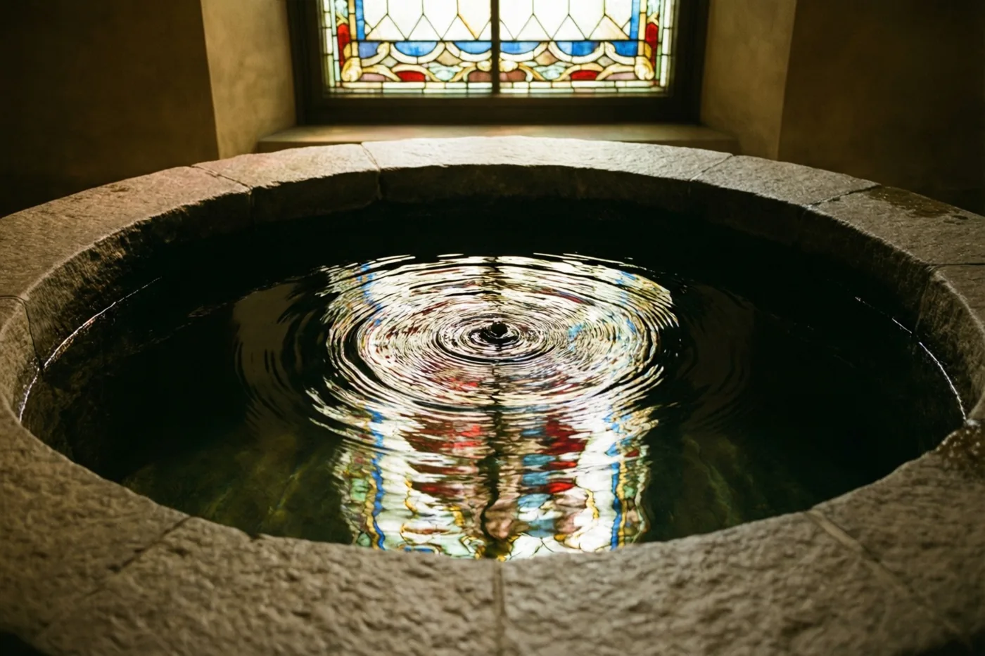 In het water van een stenen doopvont vormen zich concentrische kringen die een gekleurd glas-in-loodraam erboven weerspiegelen in warm binnenlicht.