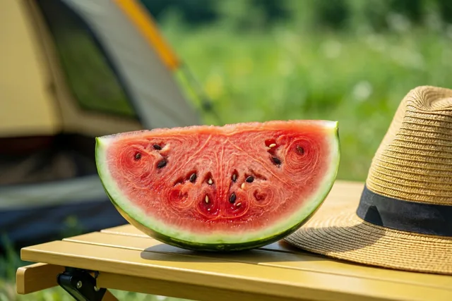 Een stuk watermeloen ligt naast een strohoed op een houten kampeertafel, met een tent en zonnig groen gras op de achtergrond.