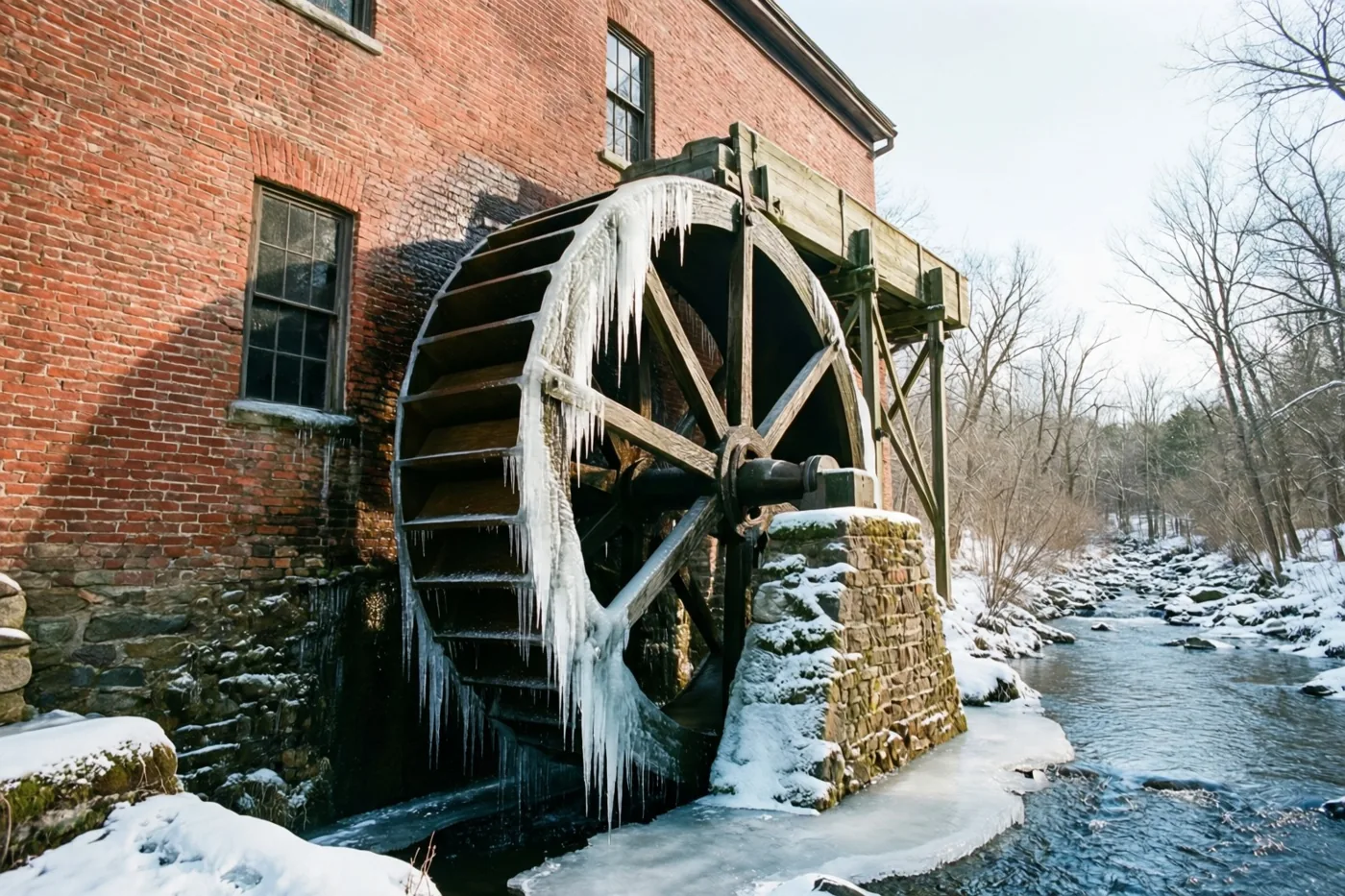 Een oude rode bakstenen watermolen met een groot houten rad vol ijspegels staat naast een deels bevroren beek, met sneeuw en kale bomen onder een bleke hemel.
