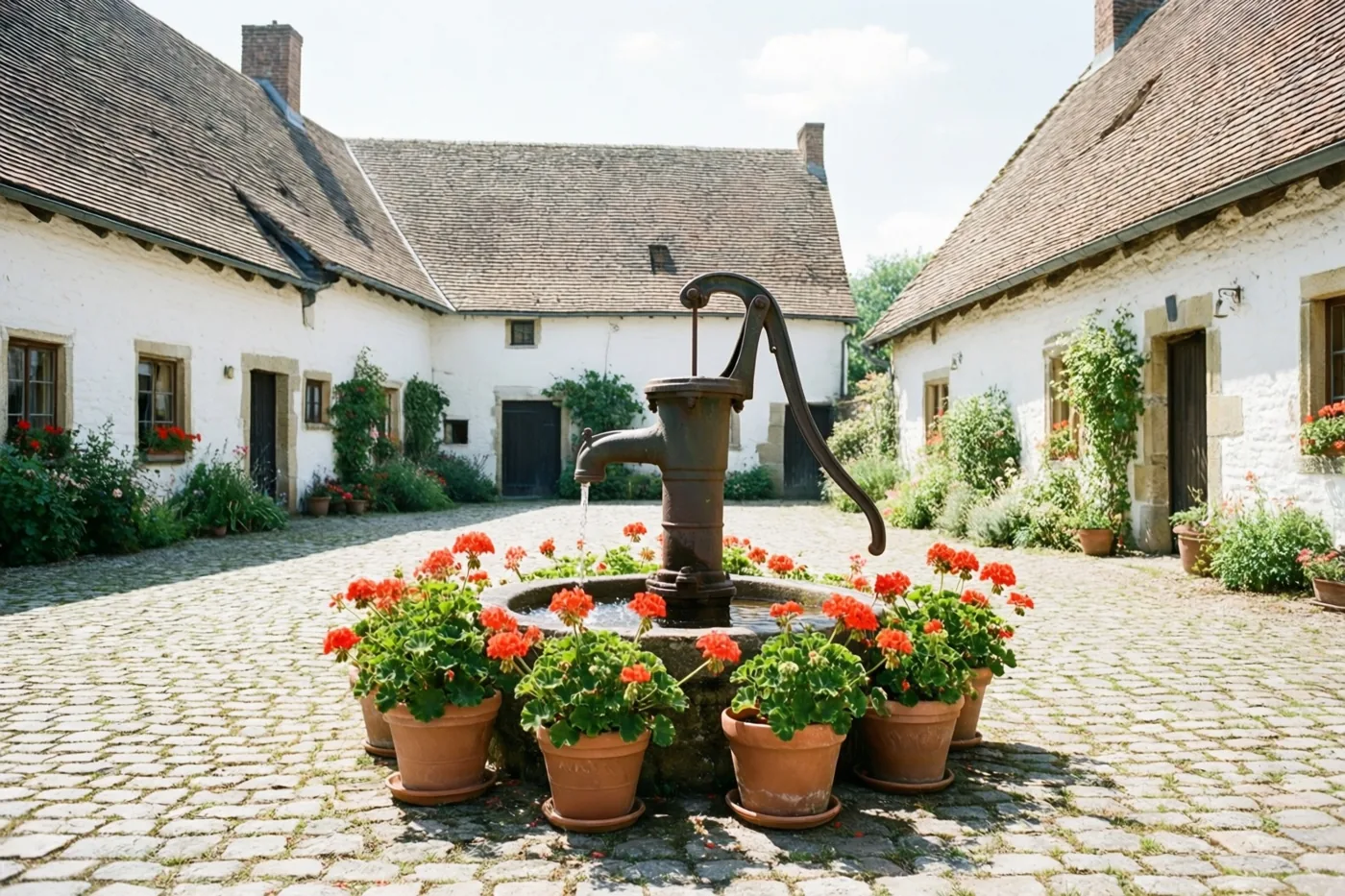 Uit een gietijzeren waterpomp stroomt water op een zonnige binnenkoer met kasseien, omringd door rode geraniums in potten en witte hoevegebouwen met bruine daken.
