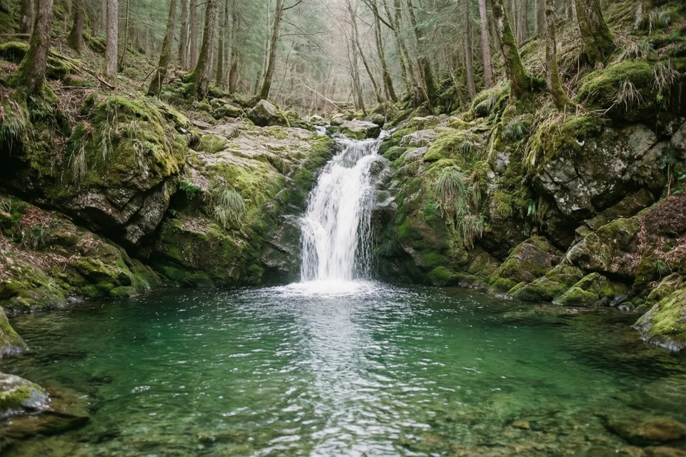 Een kleine waterval stroomt over bemoste rotsen in een heldere smaragdgroene poel, omringd door hoge bomen en dichte begroeiing.