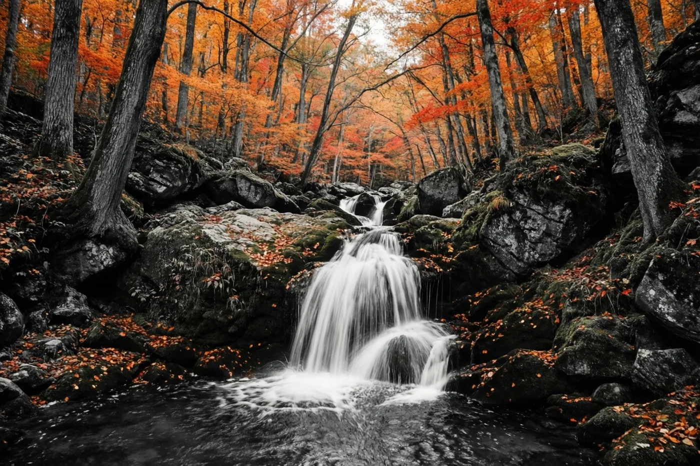 Een kleine waterval stroomt over bemoste rotsen in een dicht bos met oranje en rode bladeren, donkere boomstammen en ruwe rotsen.