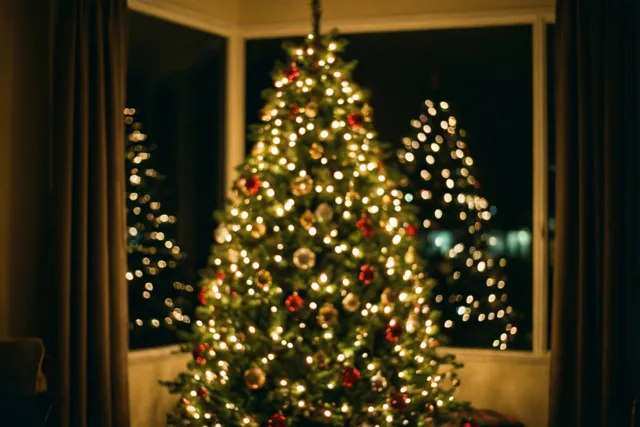 Een onscherpe kerstboom met lichtjes wordt 's nachts weerspiegeld in een donker raam, met groene, rode en gouden tinten.