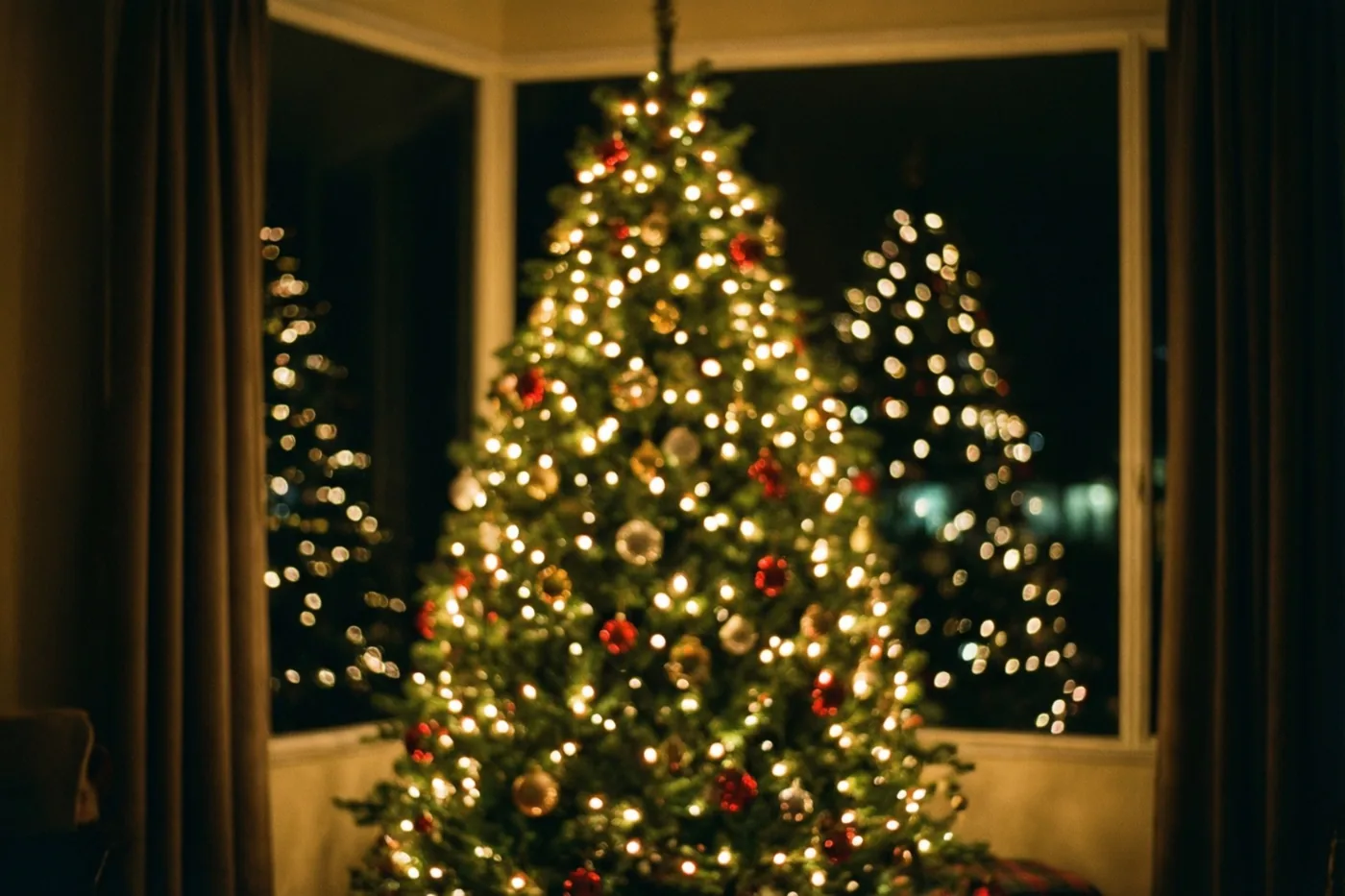Een onscherpe kerstboom met lichtjes wordt 's nachts weerspiegeld in een donker raam, met groene, rode en gouden tinten.