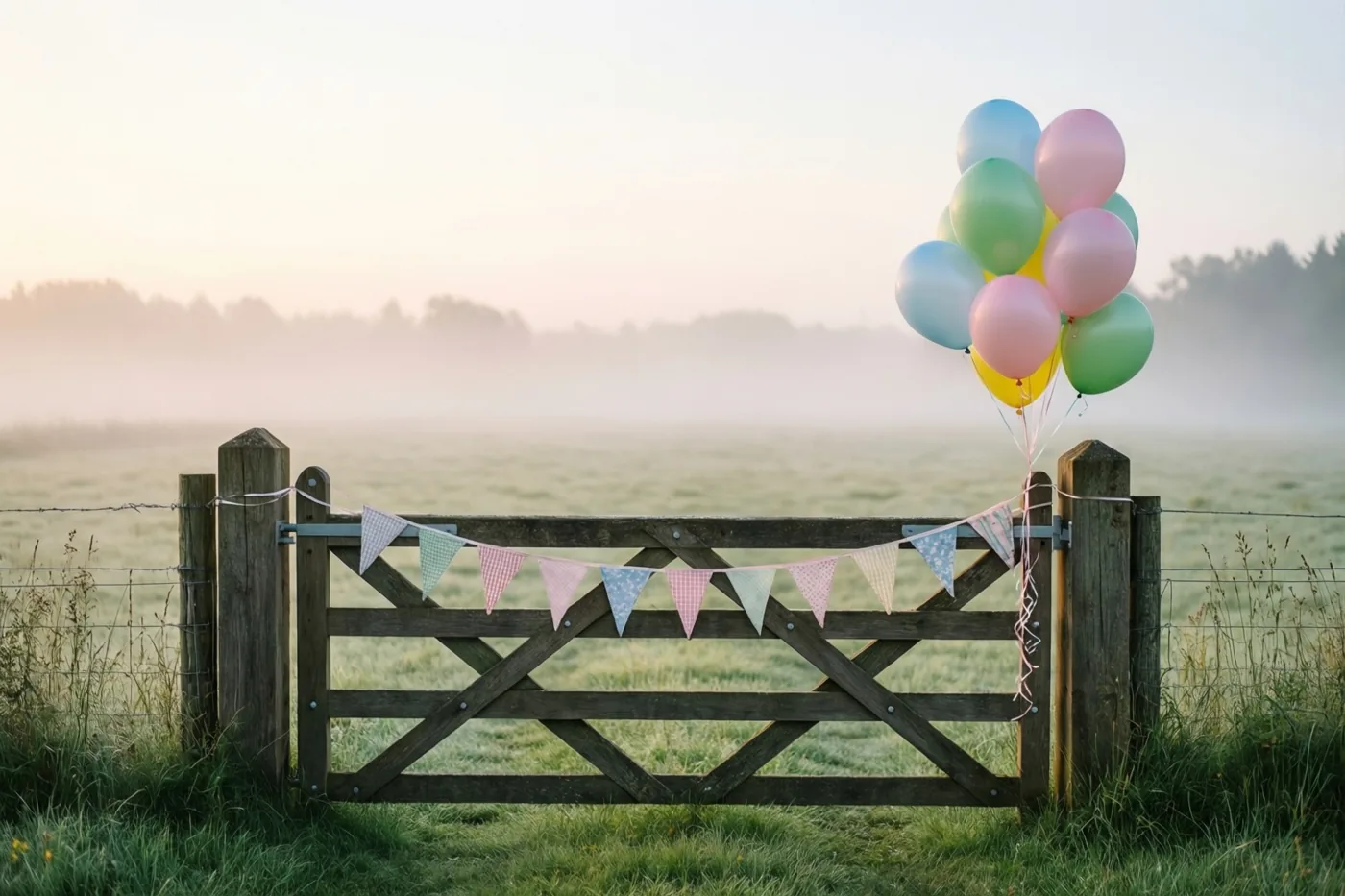 Een houten weidehek met kleurrijke vlaggetjes en pastelballonnen staat in een grasveld met ochtendmist onder een nevelige hemel.