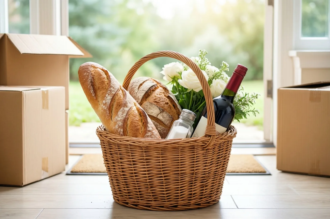 Een rieten mand met brood, witte rozen, een wijnfles en een zoutvaatje staat naast verhuisdozen op een tegelvloer in het licht van een deuropening.