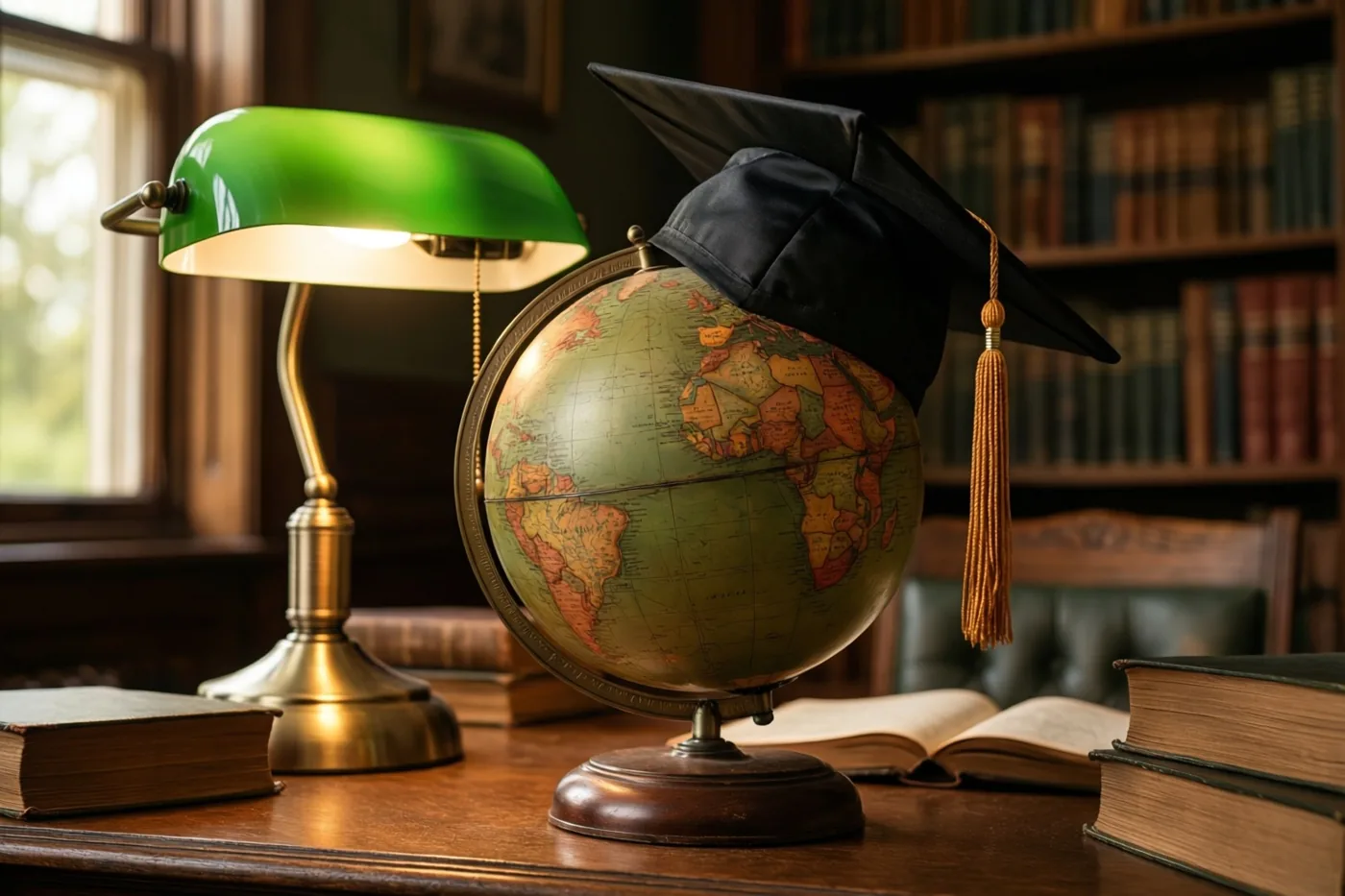 Een oude wereldbol met een afstudeerhoed erop staat tussen boeken op een houten bureau, verlicht door een groene messing bureaulamp.