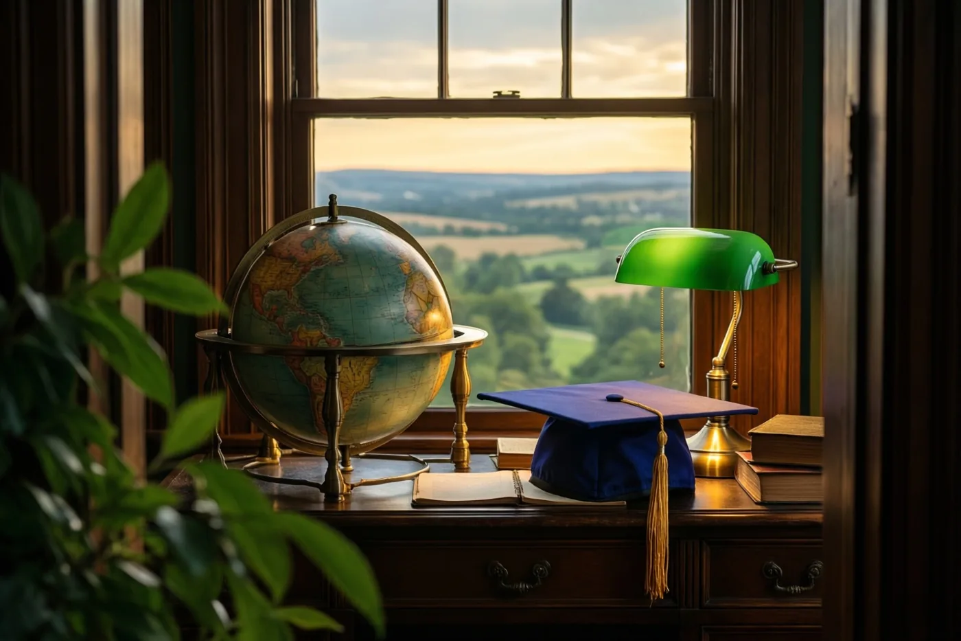 Op een oud bureau staan een oude wereldbol, een blauwe afstudeerhoed en een groene messing bureaulamp, met een uitzicht door het raam op de achtergrond in warm licht.