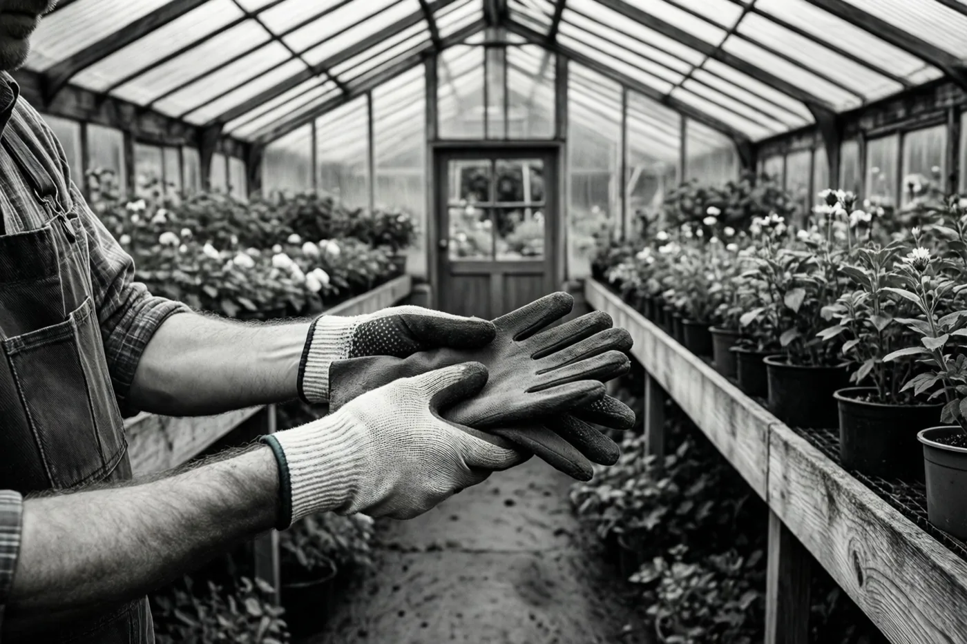 Op een zwart-witfoto houden de handen van een tuinier een nieuw paar werkhandschoenen vast in een serre vol potplanten.
