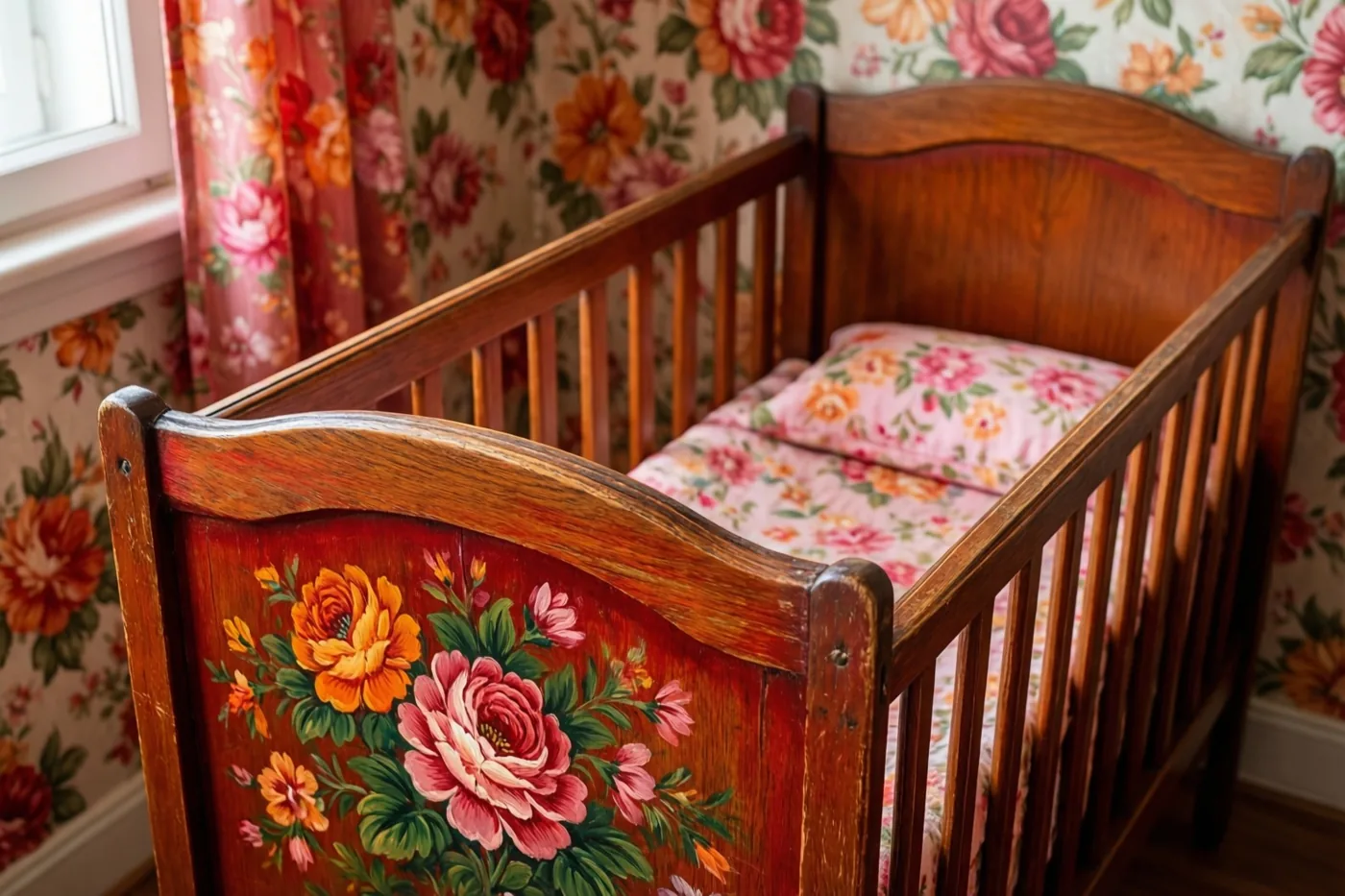 Een houten wieg met handgeschilderde bloemen staat in een slaapkamer in jaren-zestigstijl met bijpassend bloemenbehang in rijke rode, roze en groene tinten.