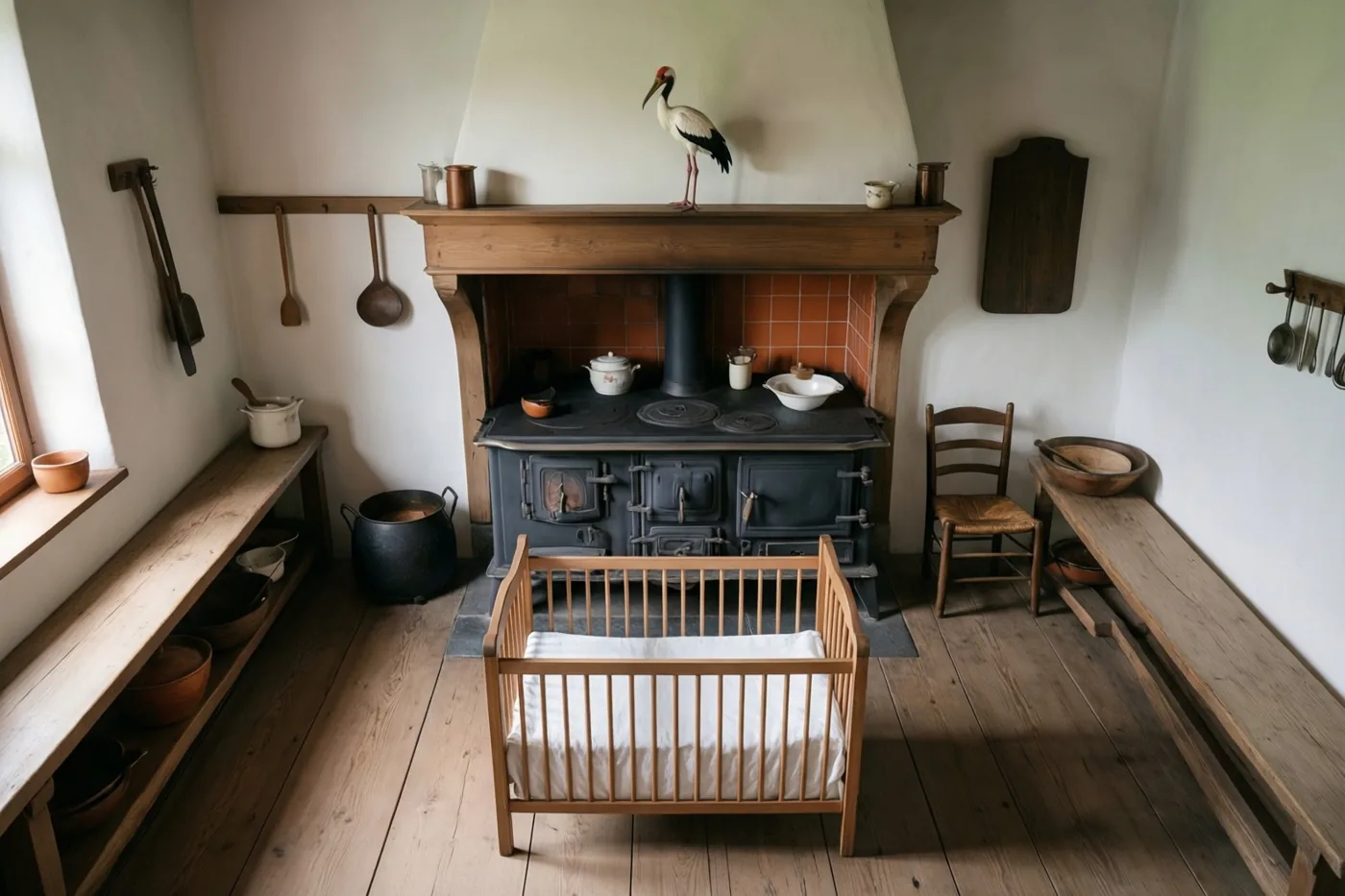 Een houten wieg met een wit laken staat midden in een Vlaamse hoevekeuken met een tegelkachel, houten banken en een ooievaarsbeeldje op de schouw.