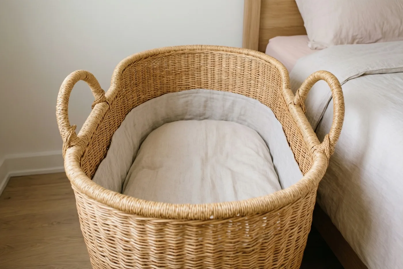 Een leeg rieten wiegmandje met beige linnen staat op een houten vloer naast een bed met bijpassend beddengoed in zacht licht.