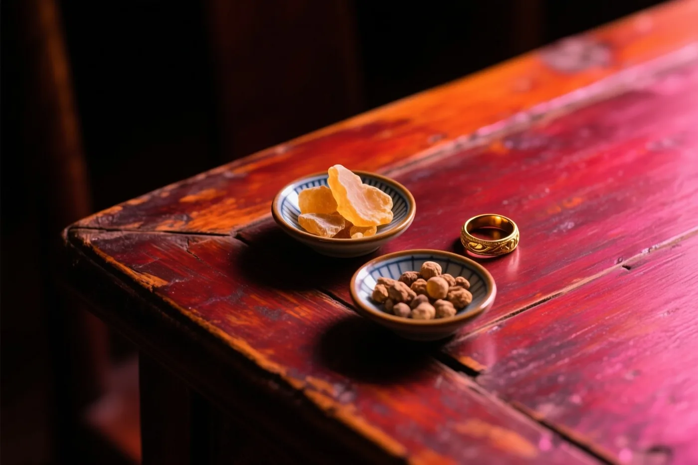 Twee kleine keramische schaaltjes met wierookhars en mirre staan naast een gouden ring op een verweerde rode houten tafel in warm licht.