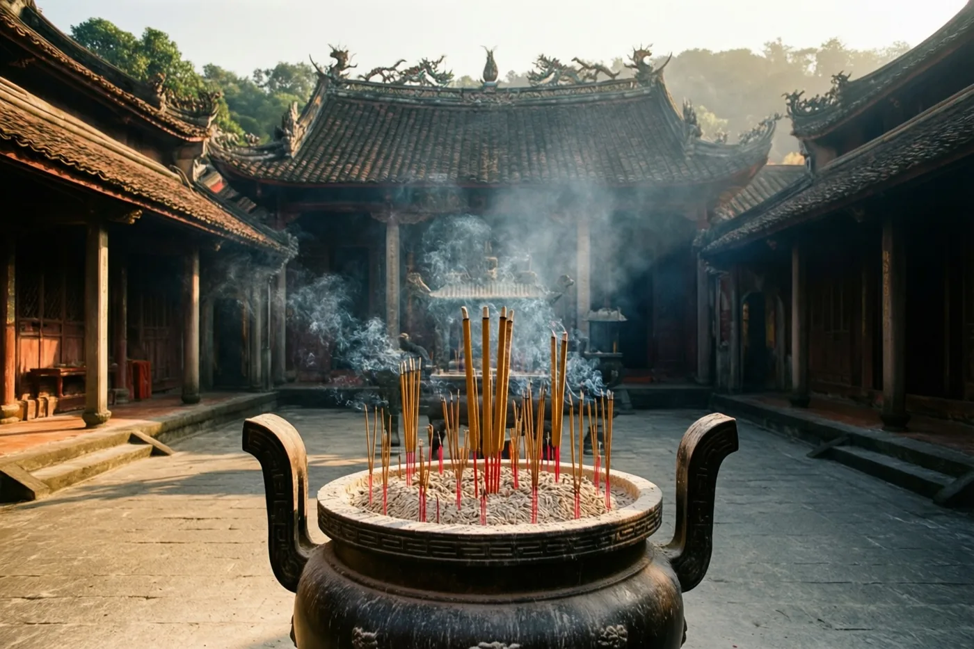 Rook stijgt op uit een grote brander met wierookstokjes op een Chinese tempelbinnenplaats, omringd door houten gebouwen met pannendaken en sierlijke dakranden onder een nevelige hemel.
