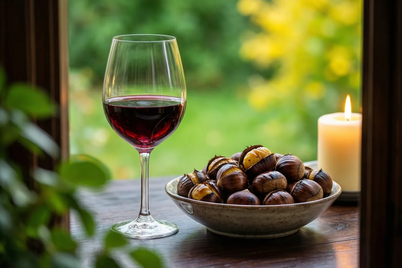 Een glas rode wijn, een kom geroosterde kastanjes en een brandende kaars staan op een donkere eiken tafel bij een raam met een onscherp zicht op een geelgroene tuin.