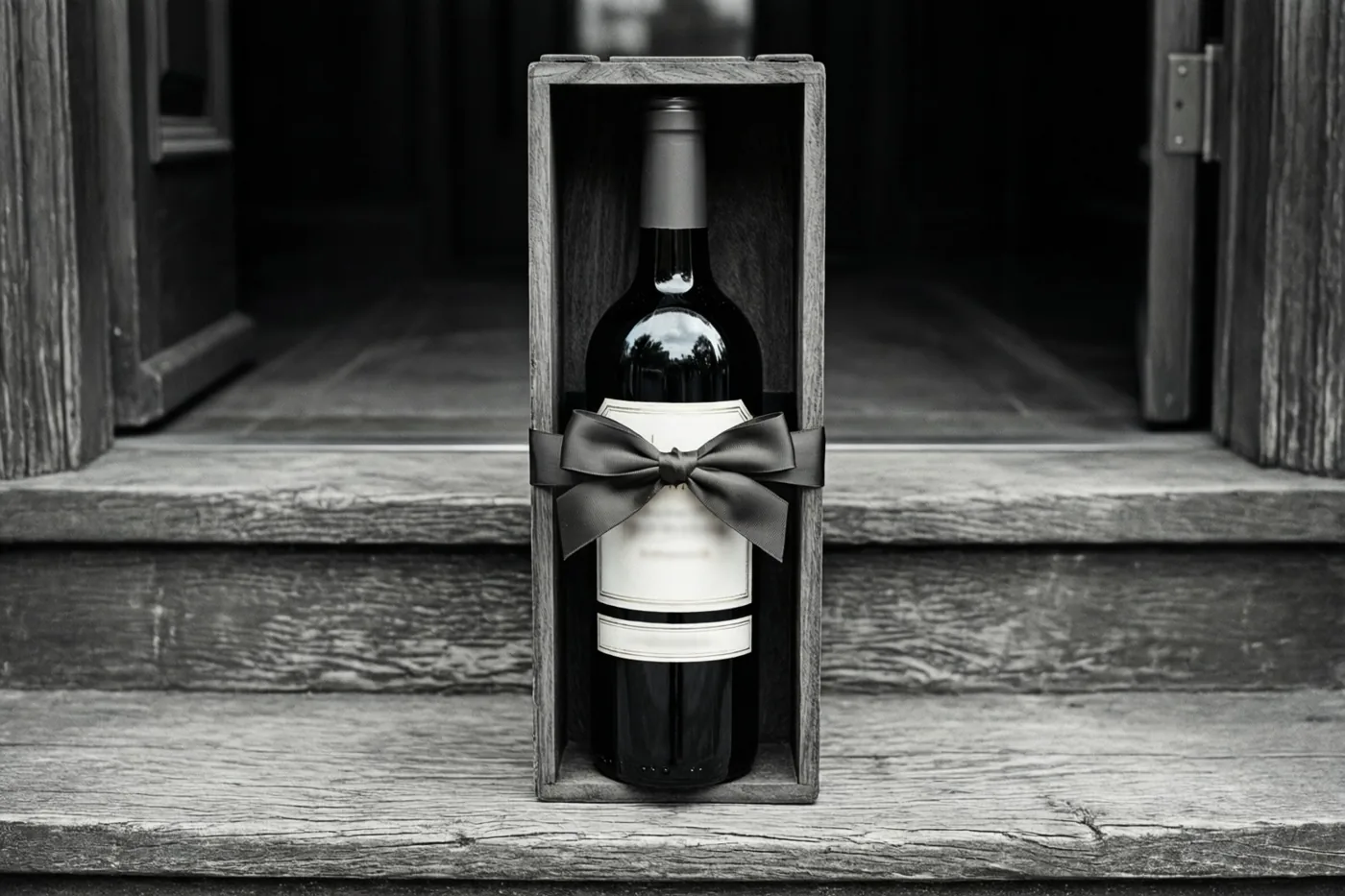 Een fles wijn met een strik staat in een houten kistje op een verweerde houten drempel, weergegeven in zwart-wit.