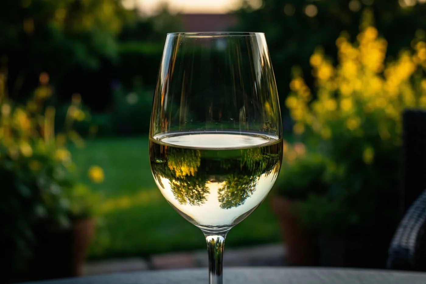 Een glas witte wijn staat buiten op een tafel in warm goudkleurig licht, met een onscherpe tuin en gele bloemen op de achtergrond.