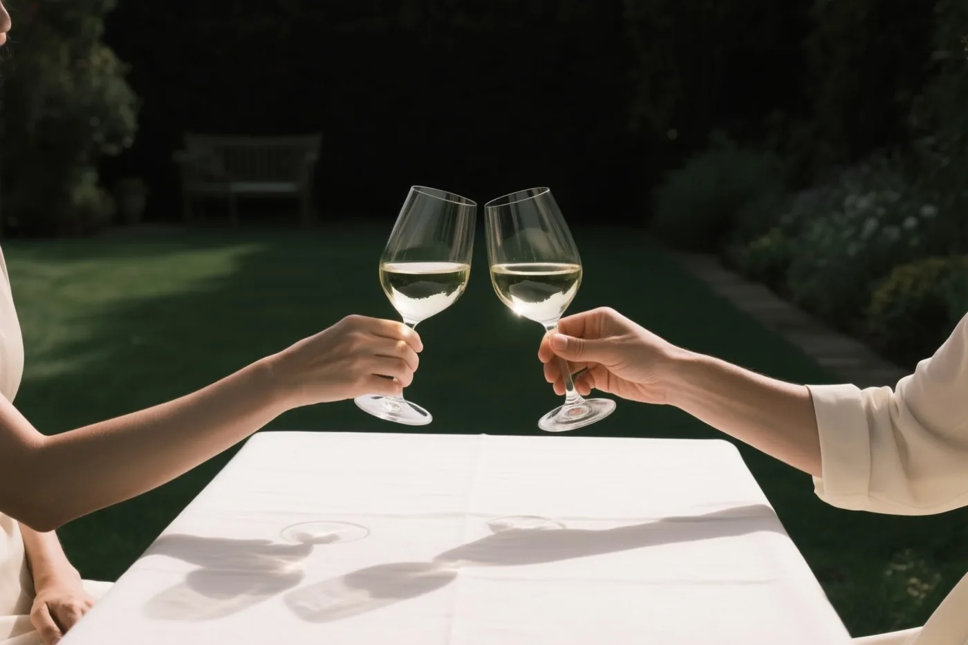Twee handen klinken met glazen witte wijn boven een tuintafel met een wit tafelkleed in een zonnige tuin met gras en donker gebladerte.