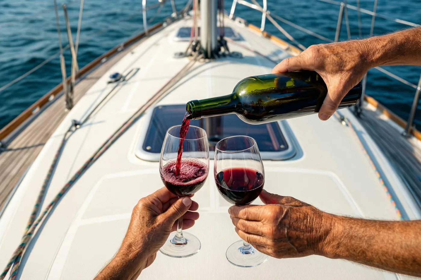 Oudere handen houden wijnglazen vast terwijl een hand rode wijn in een glas schenkt op het dek van een zeilboot, met een blauwe zee in de zon op de achtergrond.