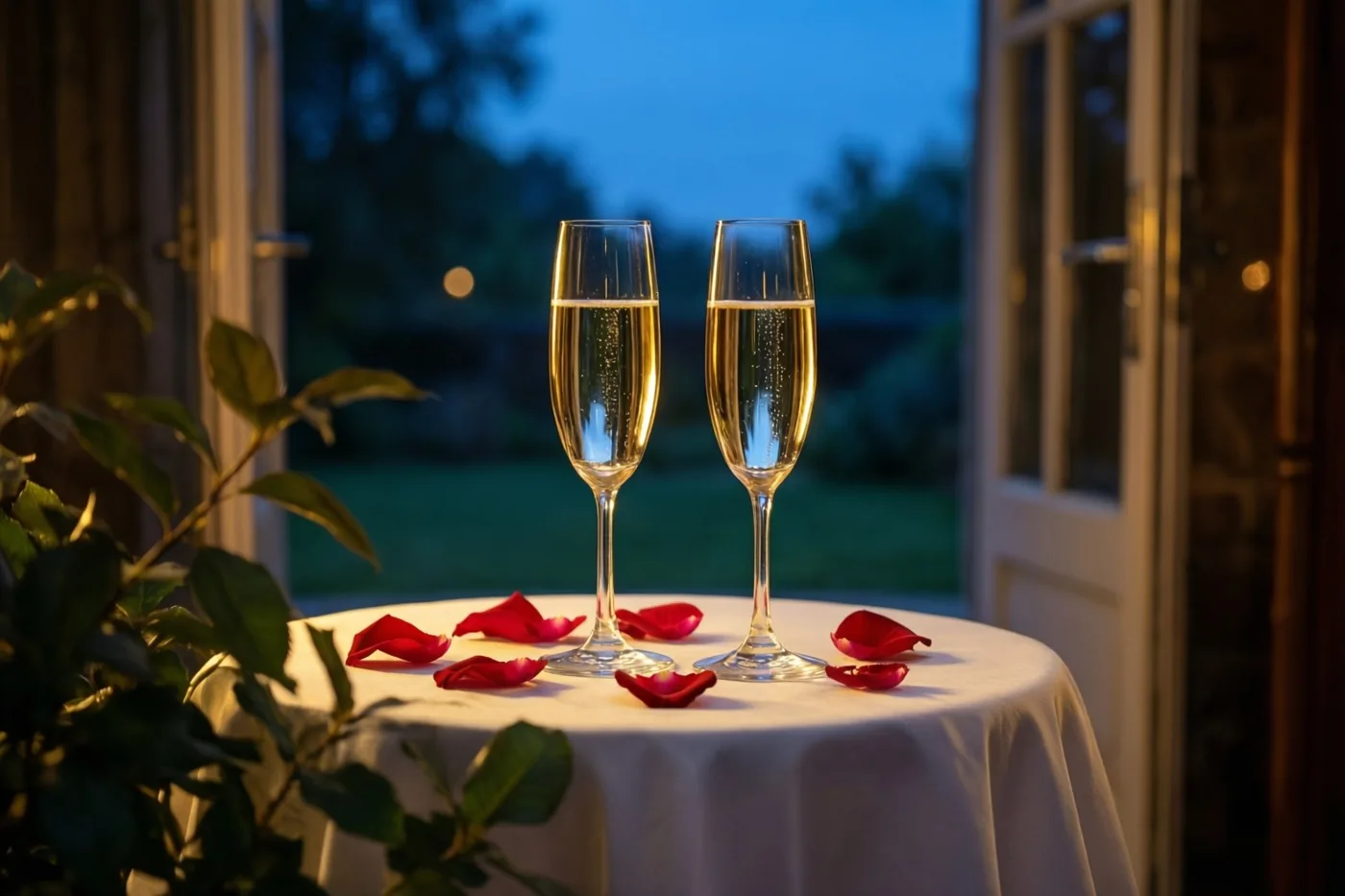 Twee champagnefluiten met mousserende wijn staan buiten in de schemering op een wit tafelkleed tussen rode rozenblaadjes, met een zachtverlichte deuropening en een tuin op de achtergrond.