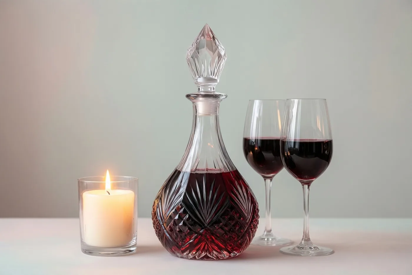 Een kristallen karaf met rode wijn en twee wijnglazen staan op een wit oppervlak naast een brandende witte kaars in een glazen houder, tegen een lichtgrijze achtergrond.