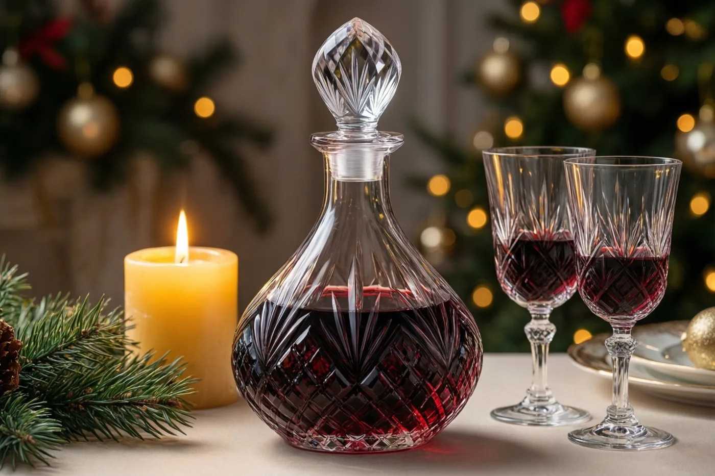 Een kristallen karaf met rode wijn en twee bijpassende glazen staan op een tafel naast een brandende gele kaars en dennentakken, met een wazige kerstboom met gouden versieringen en lichtjes erachter.