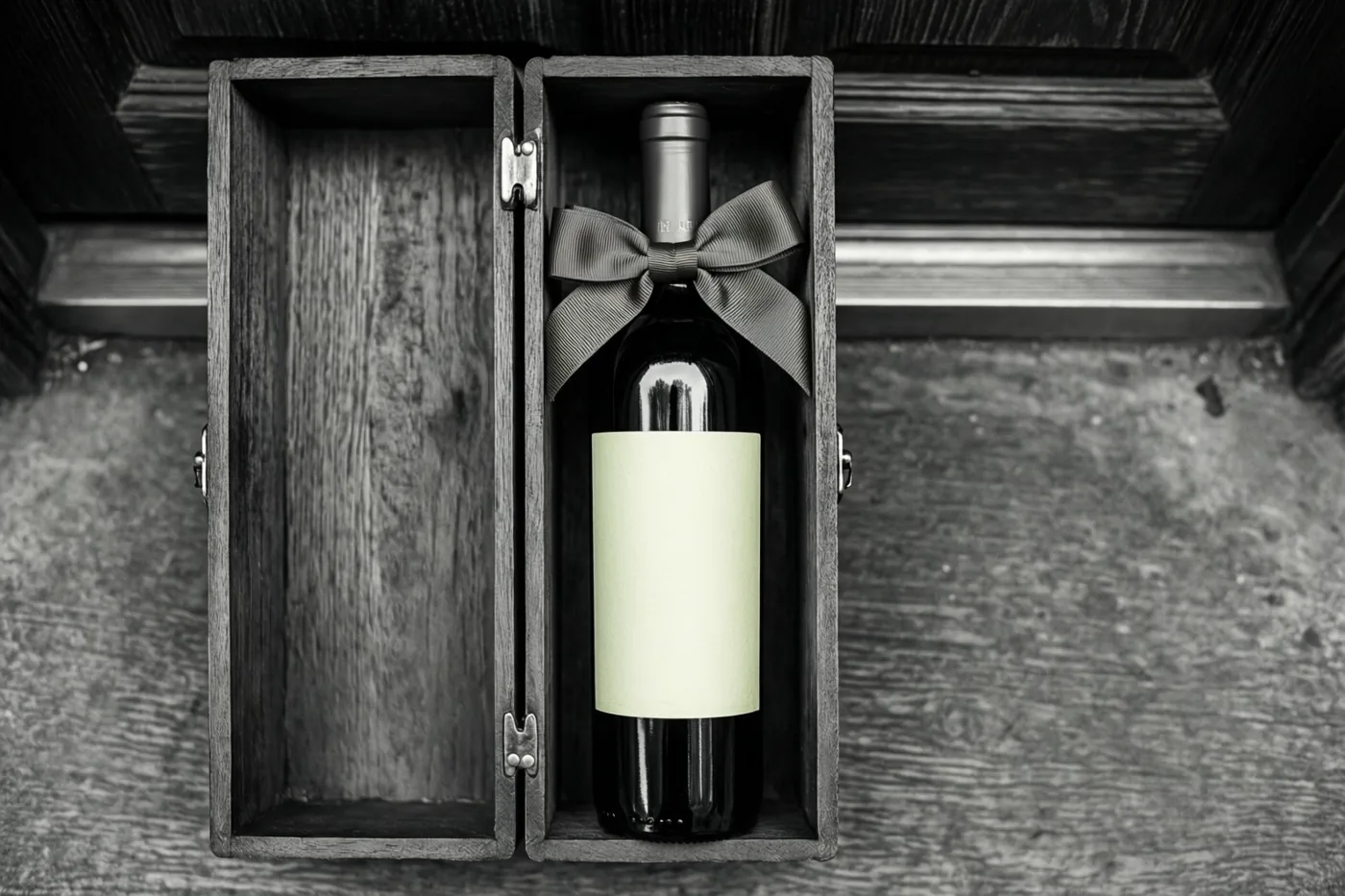 Een wijnfles met een strik en een bleek etiket ligt in een open houten kistje op een drempel, in een vrijwel monochroom beeld.