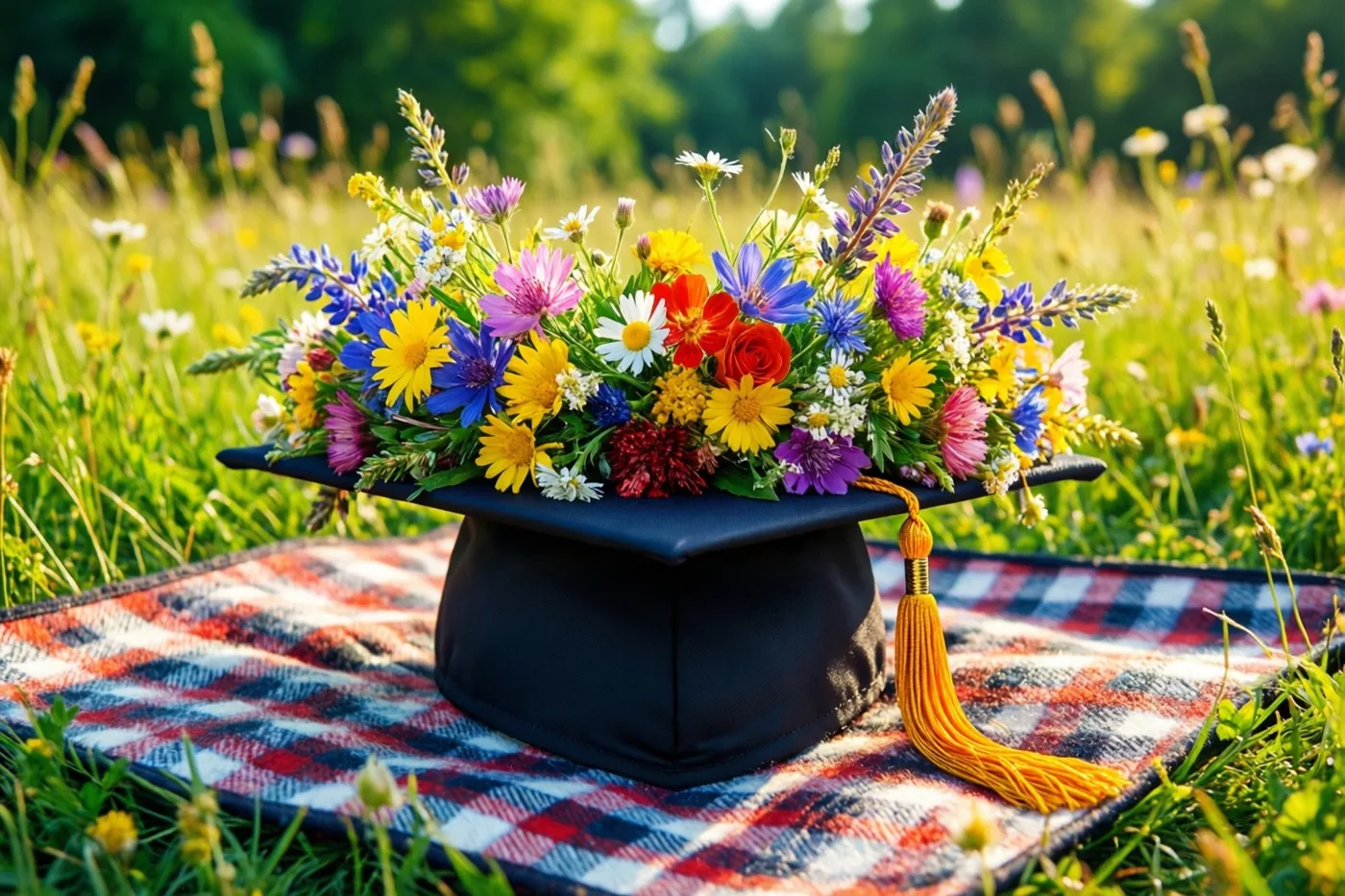 Een afstudeerhoed gevuld met een kleurrijke kroon van wilde bloemen staat op een rood-wit-blauw geruite picknickdeken in een zonnige weide.