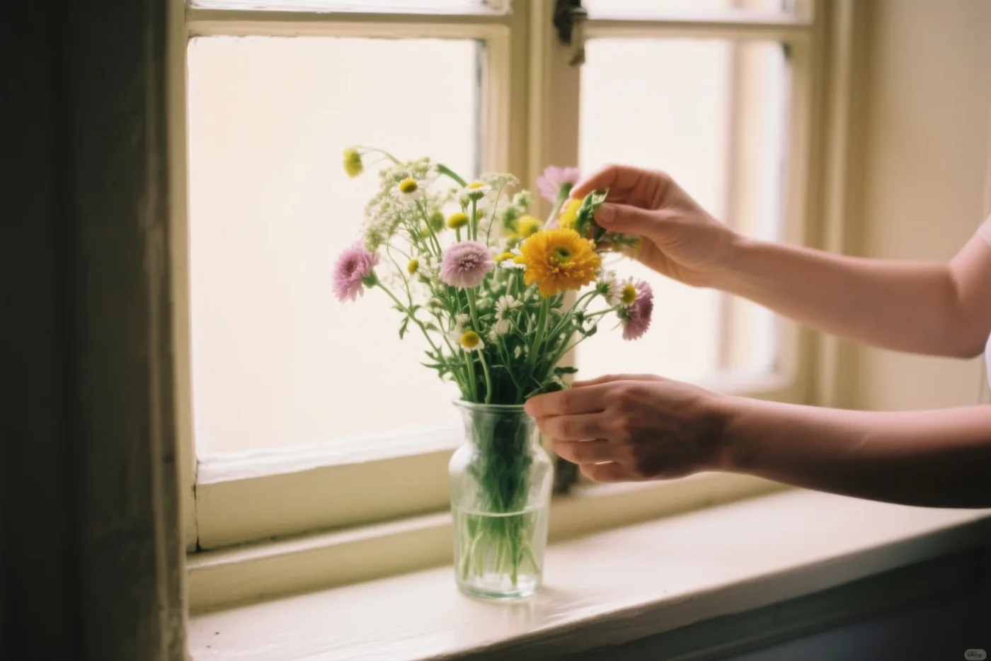 Twee handen schikken kleurrijke wilde bloemen in een doorzichtige glazen vaas op een vensterbank in zacht daglicht.