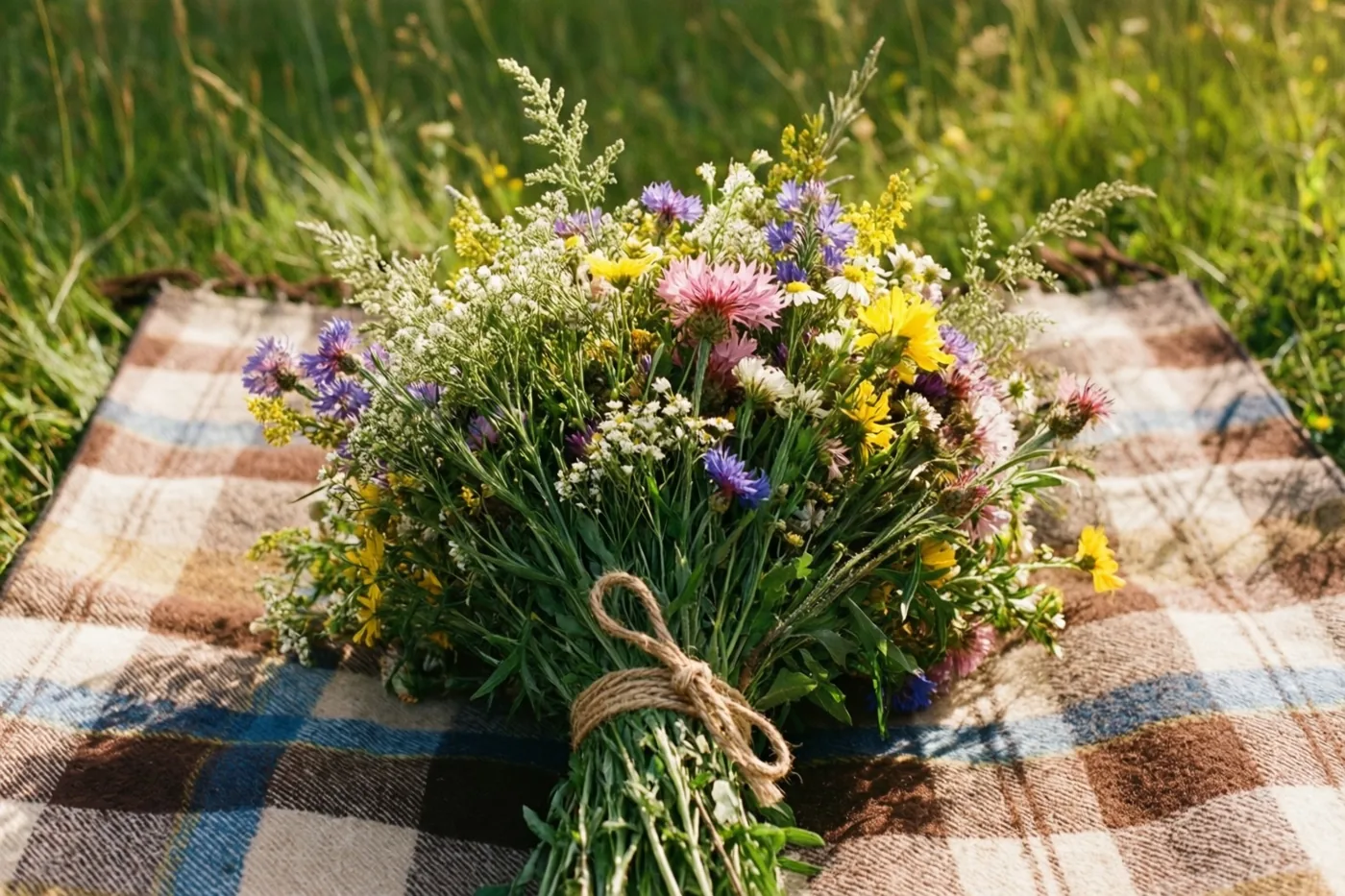 Een bont boeket wilde bloemen met een touwtje eromheen ligt op een geruite picknickdeken in een grasveld in warm zonlicht.