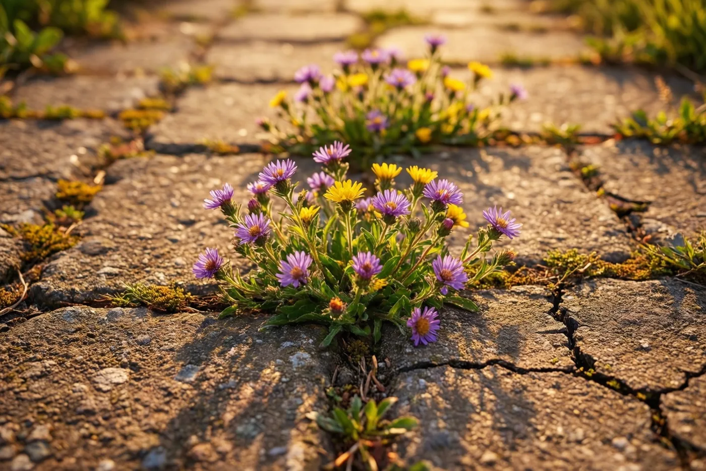Kleine paarse en gele wilde bloemen groeien door barsten in een oud stenen pad in warm zonlicht, met groen blad en mos op de achtergrond.
