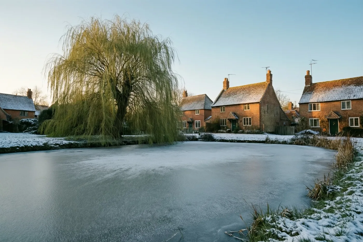 Een bevroren dorpsvijver ligt in de sneeuw, met links een grote wilg en rechts traditionele bakstenen huizen in zacht winterlicht.