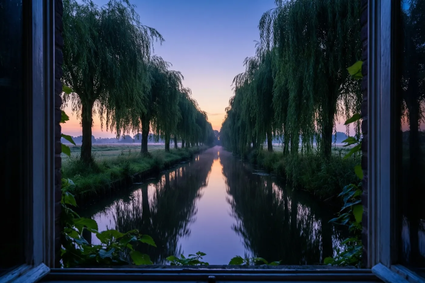 Door een raam is een rustig kanaal met treurwilgen en hun weerspiegelingen te zien, onder een blauw-paarse schemerlucht met wat oranje aan de horizon.