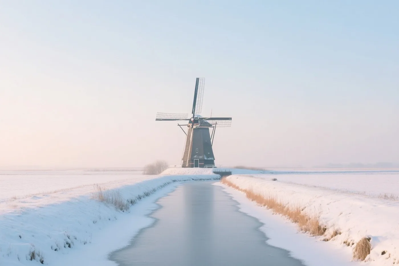 Een Hollandse windmolen staat in een besneeuwde polder, met een bevroren sloot die ernaartoe loopt in bleek winterlicht.